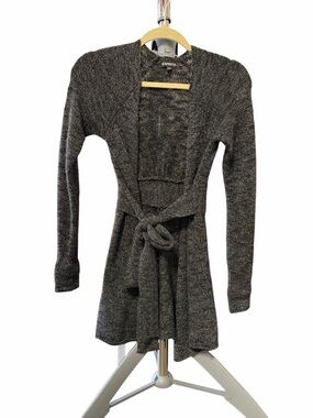 Express Charcoal Gray with Silver Threads Open Front Tie Waist Cardigan